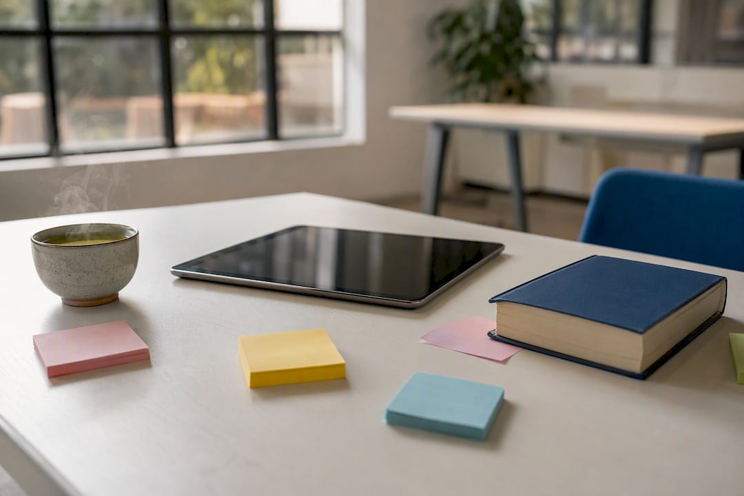 Study table with devices and Japanese materials