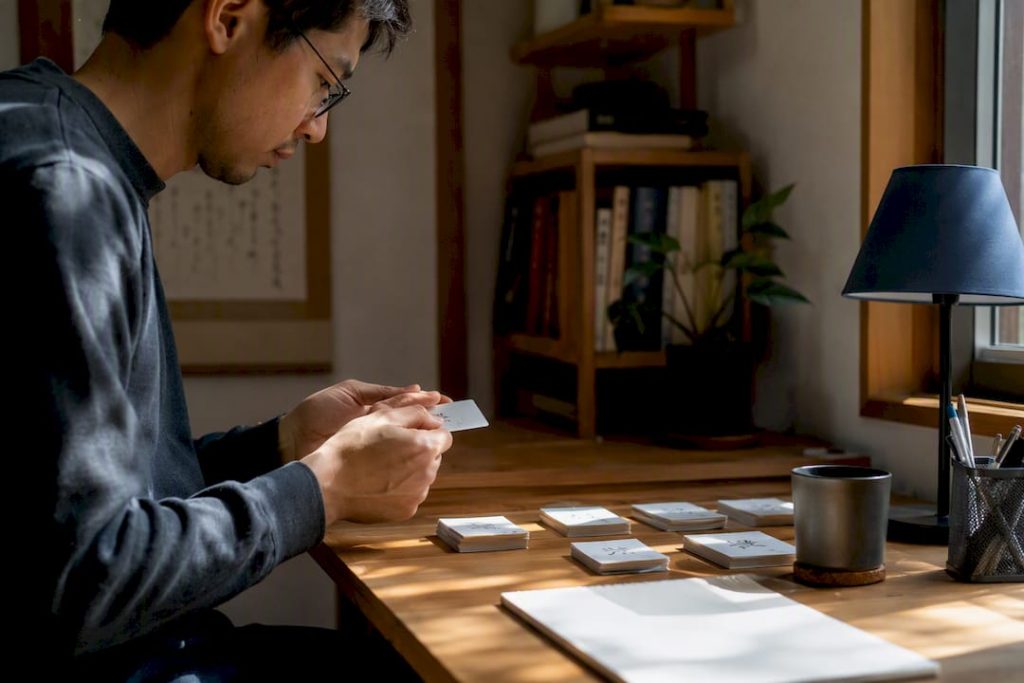 Hands arranging kanji radical flashcards