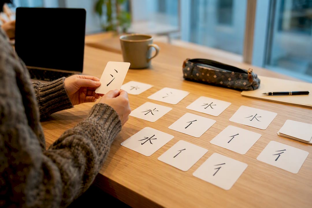 Hands pointing at kanji radicals and variants