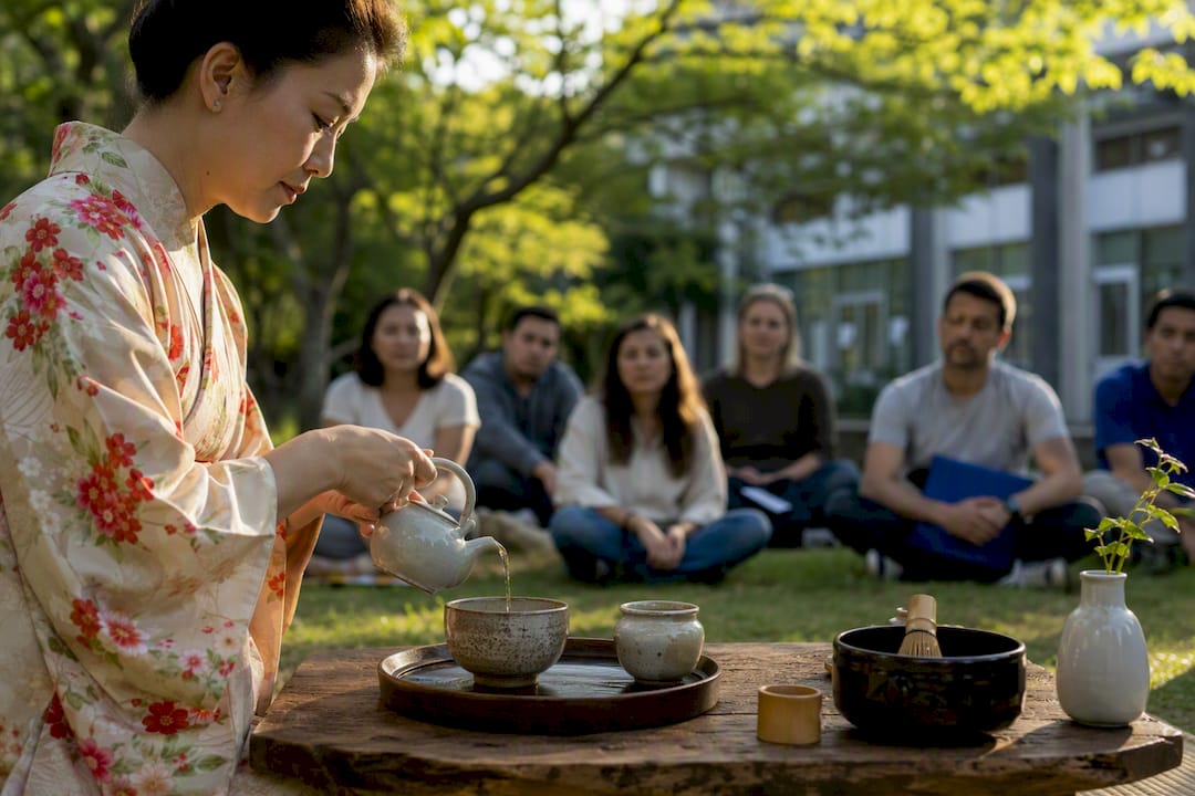 Hands performing Japanese tea ceremony