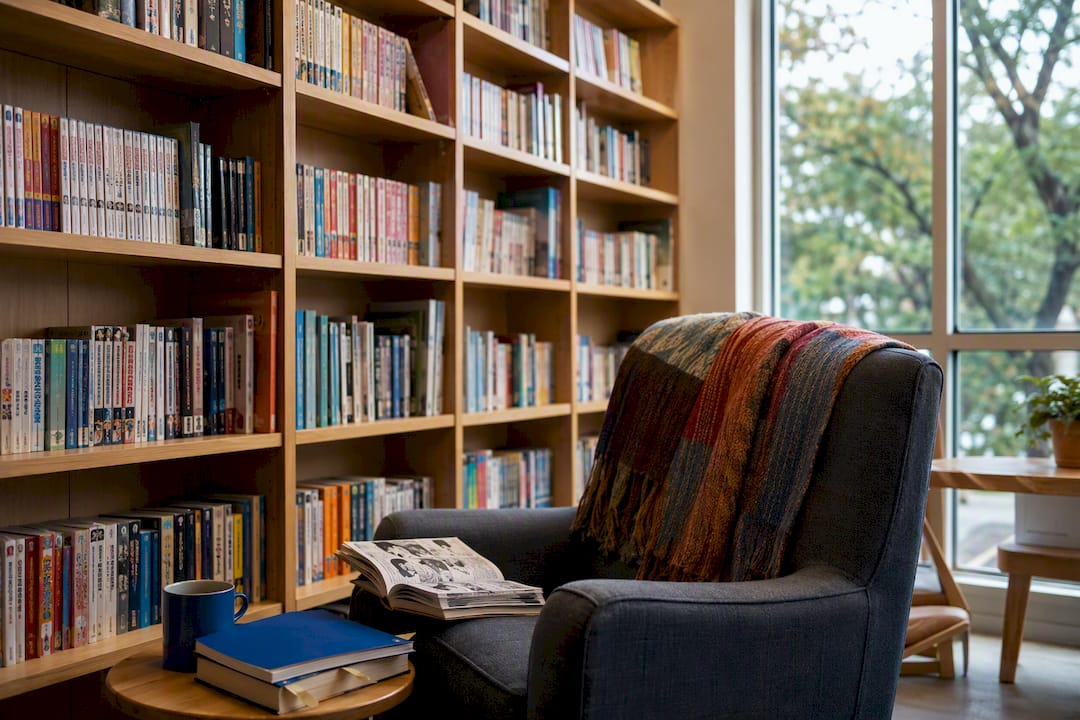 Bookshelves with Japanese learning books and manga