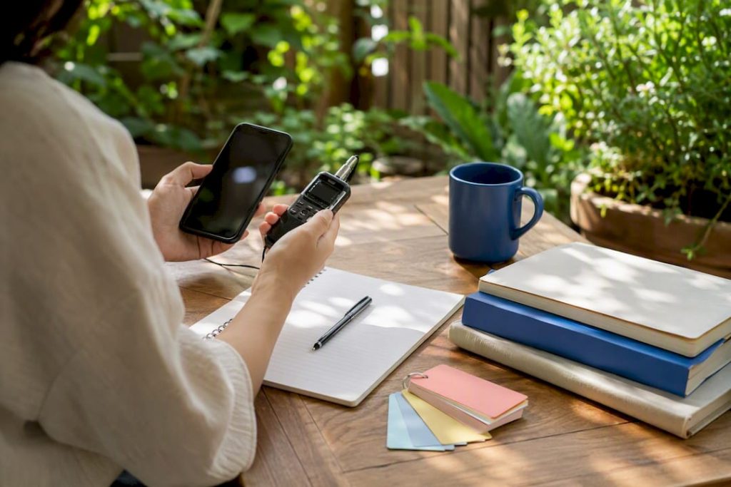 Hands adjusting headphones and audio device for shadowing