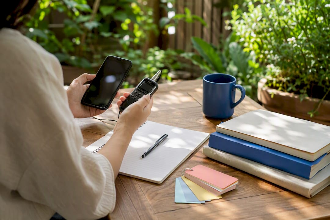 Hands adjusting headphones and audio device for shadowing