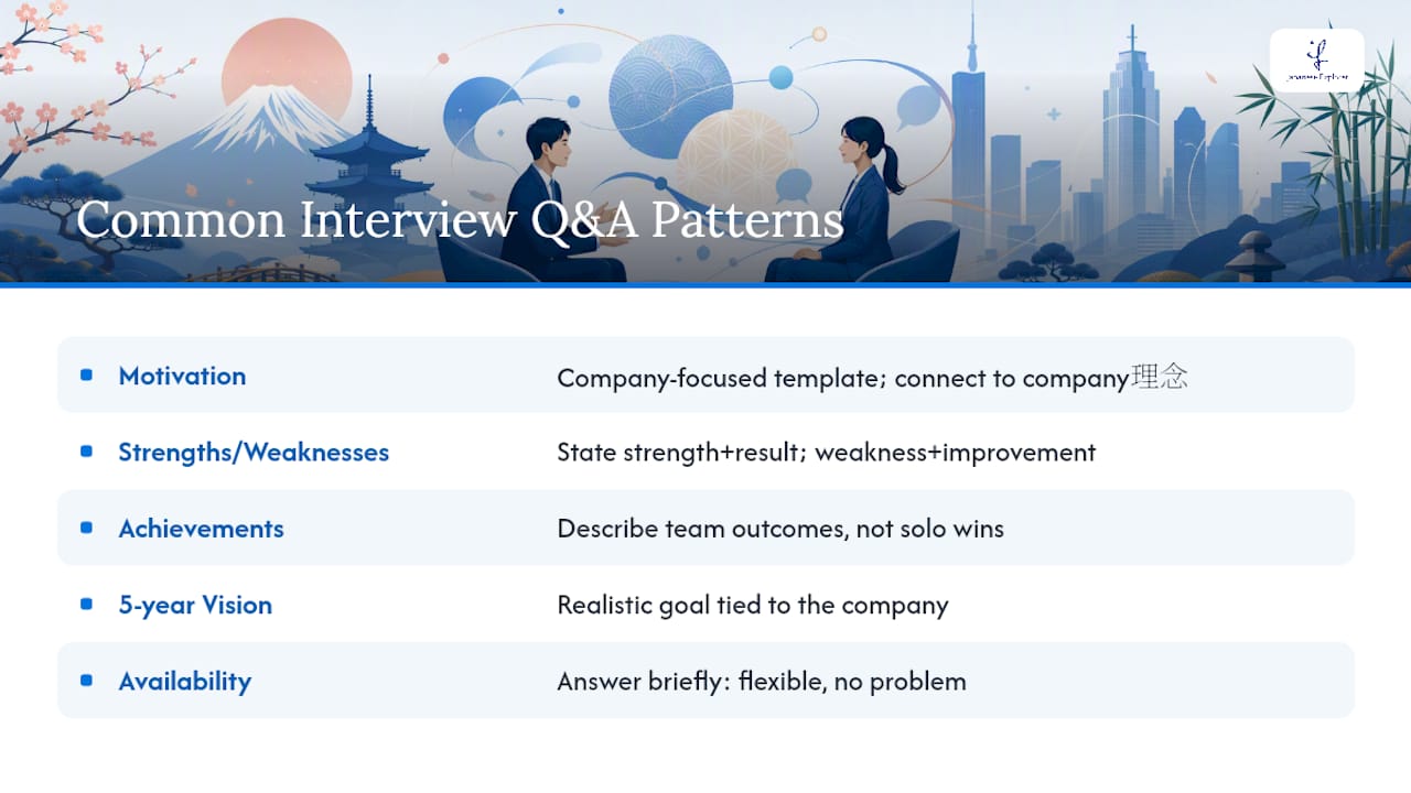 Diagram of common Japanese interview questions and answer patterns