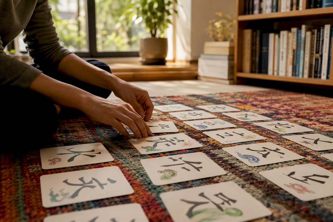 Hands sorting kanji radical flashcards on wood table