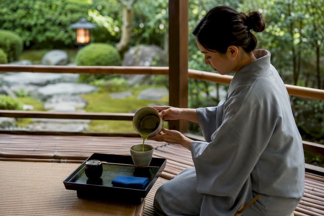 Hands pouring matcha tea in Japanese tea ceremony