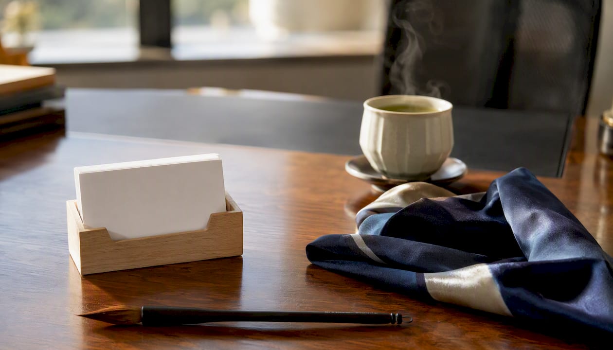Business card holder and writing pen on desk