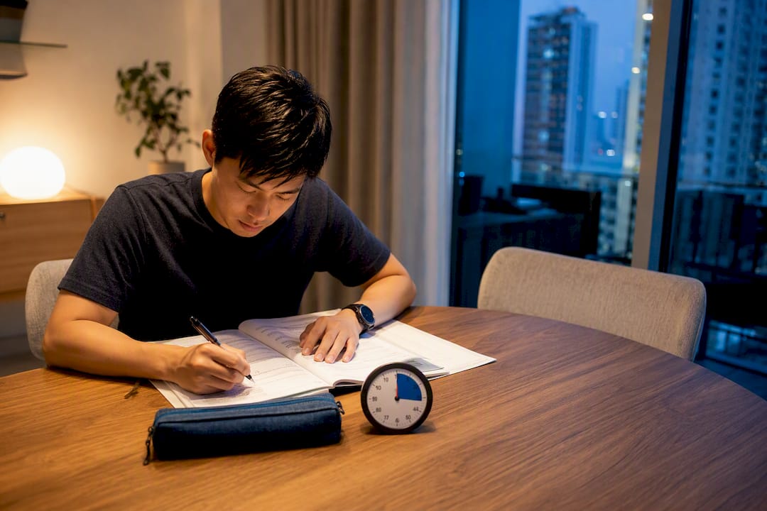 Working adult completing a timed Japanese mock exam