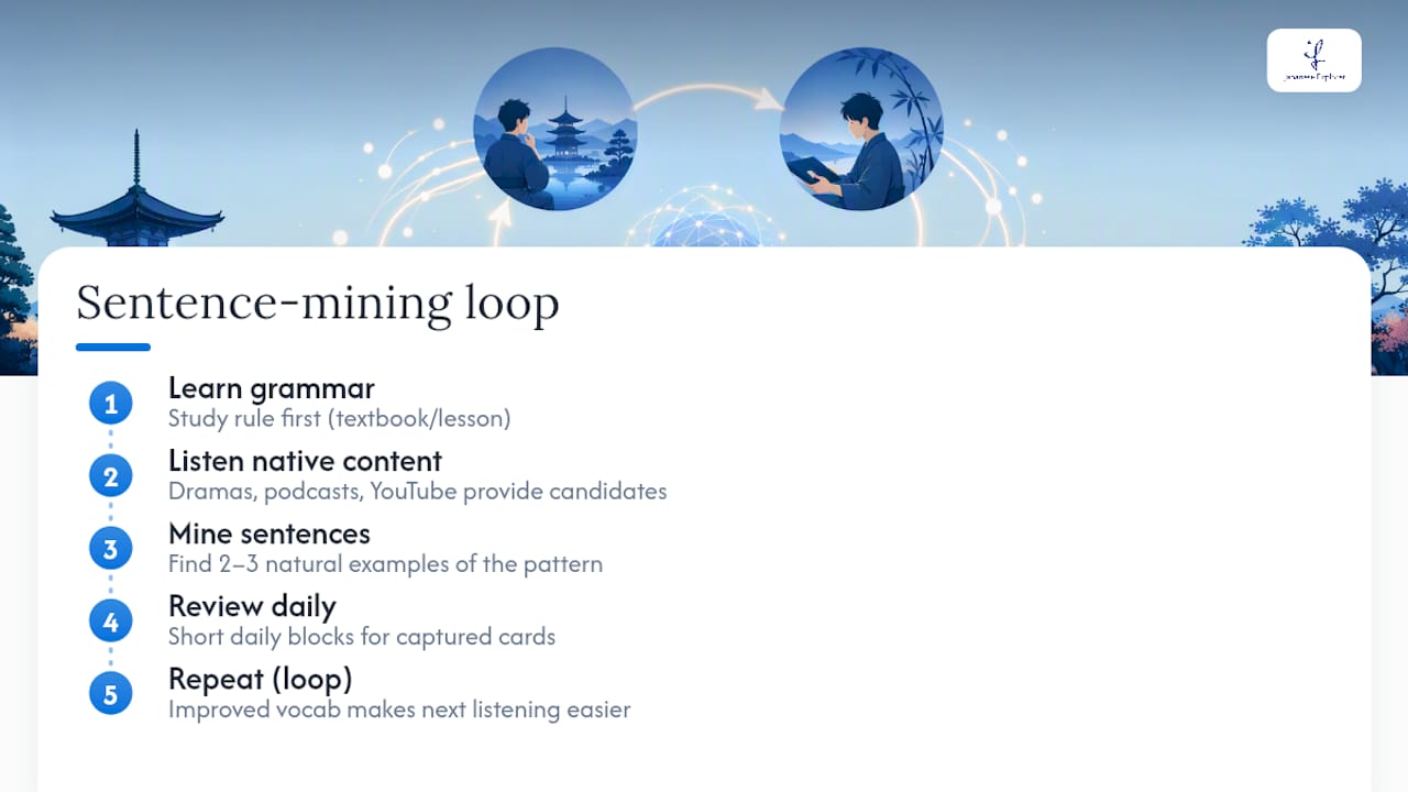 How Does Sentence Mining Fit With Grammar Study and Listening Practice? — overview diagram