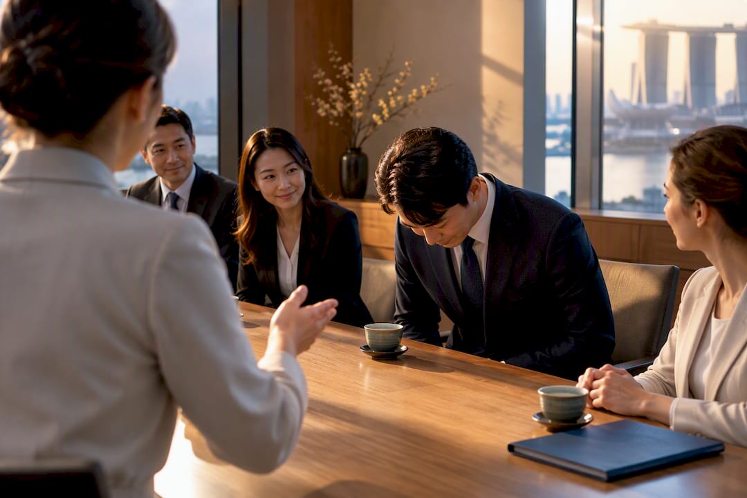 Team practicing Japanese business meeting etiquette
