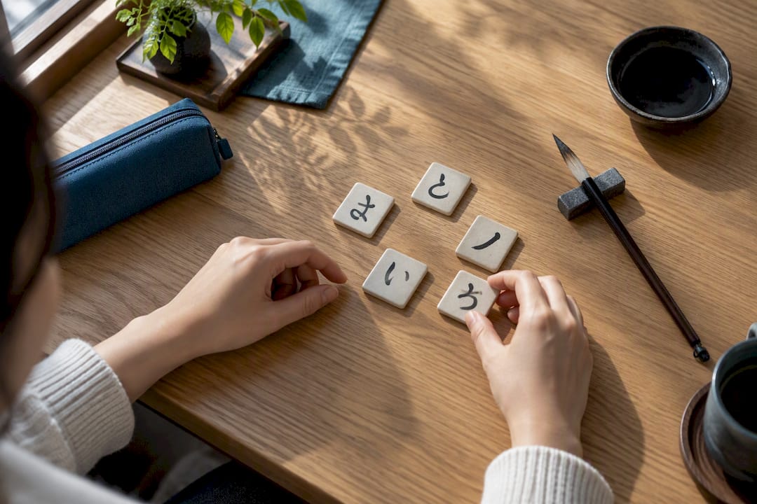 Hands arranging kana study tiles