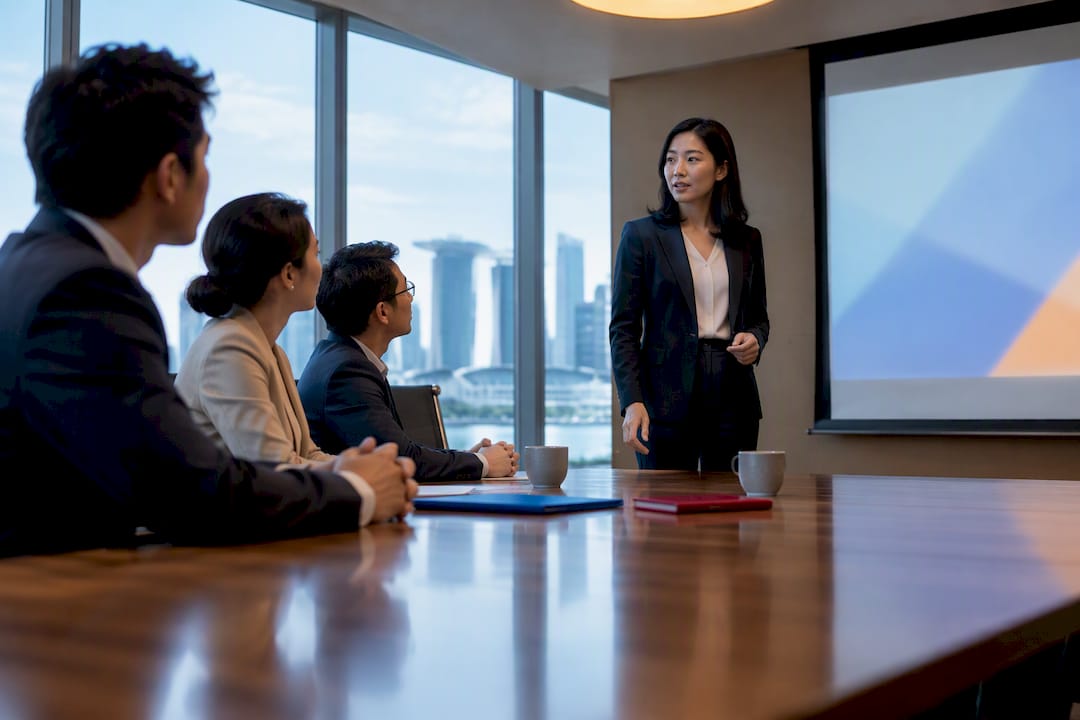 Japanese business presentation in meeting room